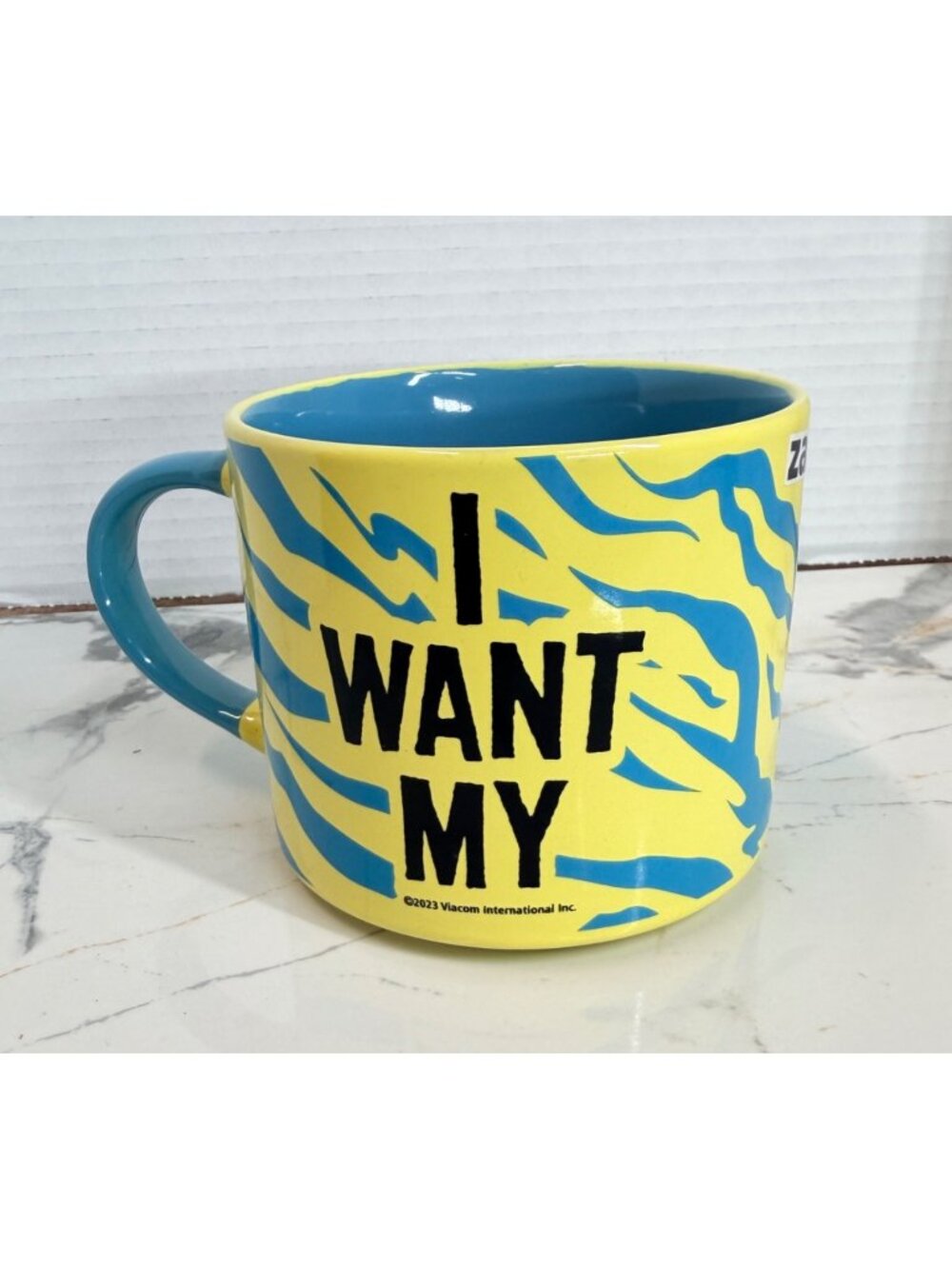 Retro 80s "I Want My MTV" Zak Designs Ceramic Coffee Mug – Yellow & Blue Zebra S